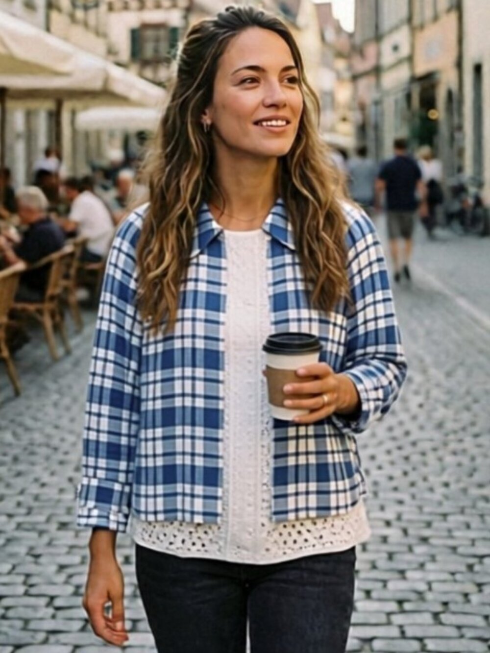 NWOT Lewit Eyelet Inset Blue and White Check Jacket